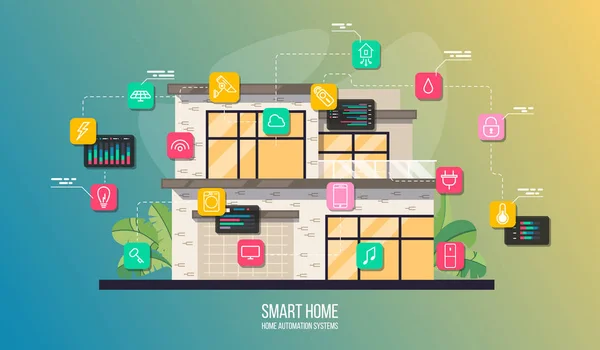 Slimme huis systeem automatisering infographic, modern gebouw met kamers cross sectie en pictogrammen — Stockvector