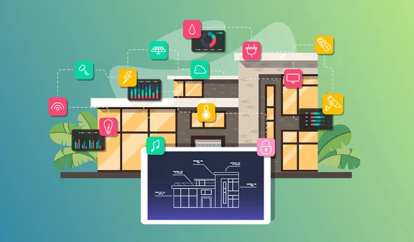 Automação residencial inteligente e internet de coisas ilustração com ícones de casa e eletrodomésticos conectados, estilo plano —  Vetores de Stock