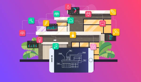 Domótica inteligente e internet de las cosas ilustración con iconos de casa y electrodomésticos conectados, estilo plano — Archivo Imágenes Vectoriales