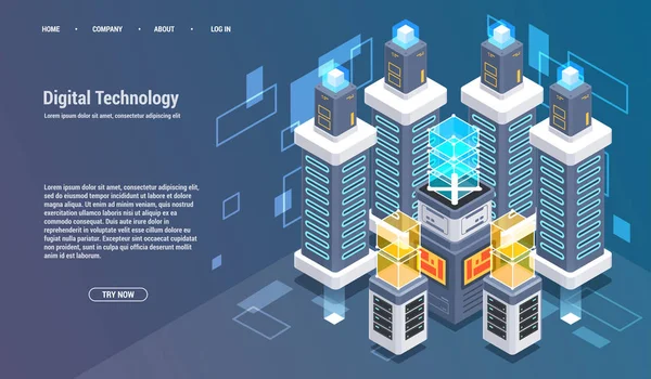 Cálculo de big data center, procesamiento de información, base de datos. enrutamiento de tráfico de Internet, sala de servidores rack tecnología vectorial isométrica — Vector de stock