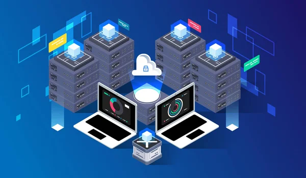 Beräkning av big data center, informationsbehandling, databas. Internettrafikdirigering, isometrisk vektorteknik för serverrum — Stock vektor