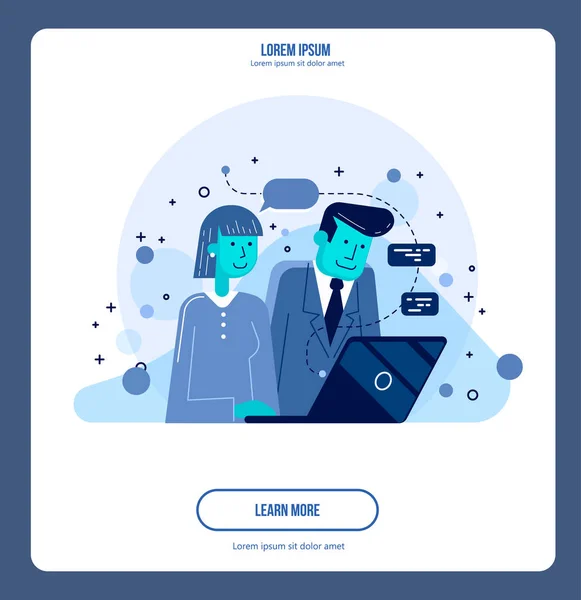 Avvio di partner commerciali che lavorano insieme nel desktop. Giovane imprenditrice spiega al collega un nuovo progetto. Illustrazione in stile moderno piatto . — Vettoriale Stock