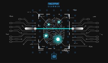 Parmak izi tarama tanımlama sistemi. Biyometrik yetkilendirme ve iş güvenlik kavramı. Örnek futuristic Hud UI öğeleri ile.