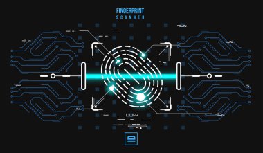 Parmak izi tarama tanımlama sistemi. Biyometrik yetkilendirme ve iş güvenlik kavramı. Örnek futuristic Hud UI öğeleri ile.
