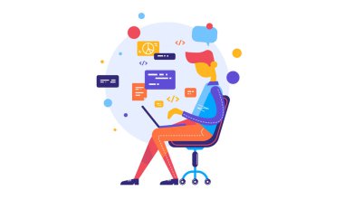 Kod kavram öğrenci programları ve uygulama yazılım kavramı geliştirmek için dizüstü bilgisayarlar kullanarak Illustration. Vektör çizim düz tasarımı. Programcı, coder, hacker