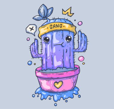 Komik kaktüs bir tencerede. Gösterim amacıyla web karikatür ve yazdırma.