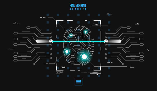 Система сканирования отпечатков пальцев. Концепция биометрической авторизации и безопасности бизнеса. Иллюстрация с футуристическими элементами интерфейса HUD
.