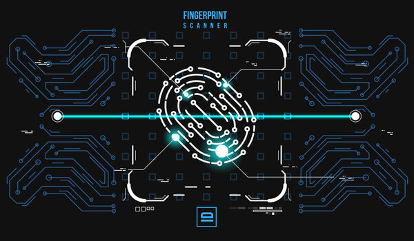 Система сканирования отпечатков пальцев. Концепция биометрической авторизации и безопасности бизнеса. Иллюстрация с футуристическими элементами интерфейса HUD
.