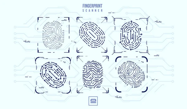 指纹扫描识别系统 生物识别授权和业务安全概念 带未来 Hud 元素的插图 — 图库矢量图片