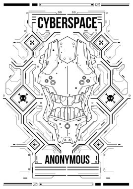 Cyberpunk fütüristik poster. Retro futuristik poster şablonu. Teknik soyut poster şablonu. Web ve baskı için modern el ilanı. kesmek, siber kültür, programlama ve sanal ortamlar.