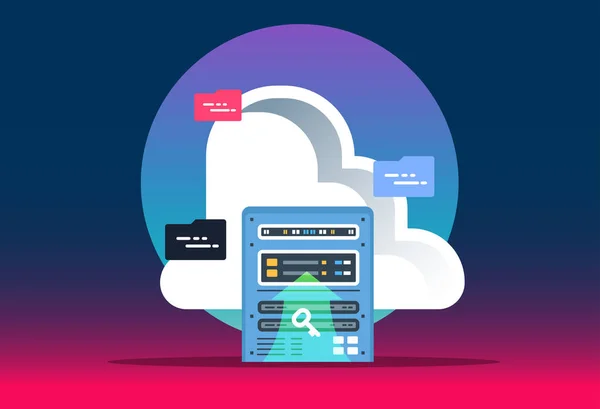 Cloudové výpočetní technologie. Datové centrum s hostitelem serverových rozvaděčích. Webové stránky banner podnikání cloud computingu. Moderní vektorové ilustrace pro web design. — Stockový vektor