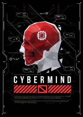 Düşük poly kafalı siber zihin konsepti posteri. Hud elemanları ile fütüristik illüstrasyon.