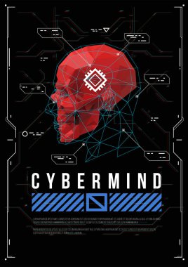 Düşük poly kafalı siber zihin konsepti posteri. Hud elemanları ile fütüristik illüstrasyon.