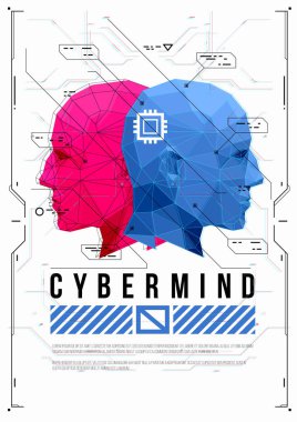 Düşük poly kafalı siber zihin konsepti posteri. Hud elemanları ile fütüristik illüstrasyon.