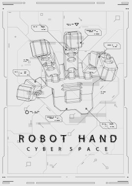 Robot el ile Soyut Fütüristik poster. Hud elemanları ile kavram illüstrasyon.