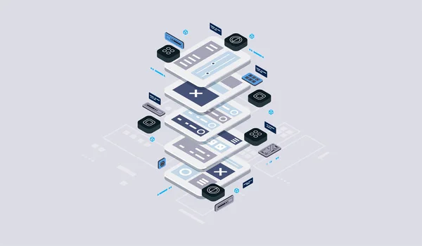 Concepto de diseño isométrico realidad virtual y realidad aumentada. desarrollo y programación de software. Cálculo del centro de datos grande, tecnología cuántica del vector isométrico de la computadora — Archivo Imágenes Vectoriales