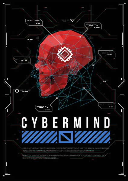 Düşük poly kafalı siber zihin konsepti posteri. Hud elemanları ile fütüristik illüstrasyon.