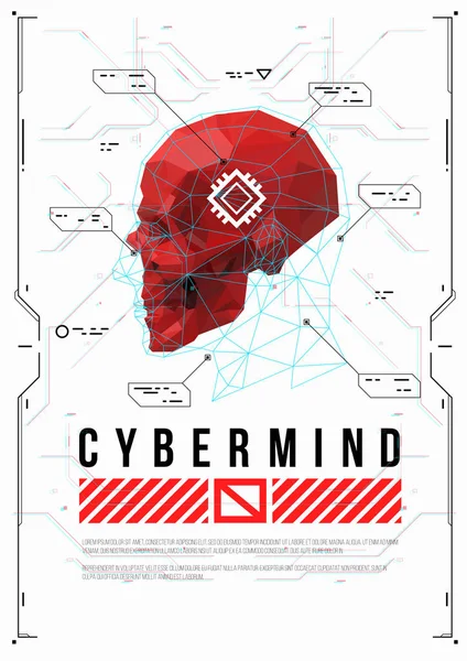 Cartel de concepto de mente cibernética con cabeza de poli baja. Ilustración futurista con elementos HUD . — Vector de stock