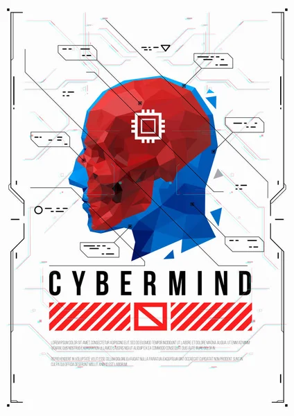 Cartel de concepto de mente cibernética con cabeza de poli baja. Ilustración futurista con elementos HUD . — Vector de stock