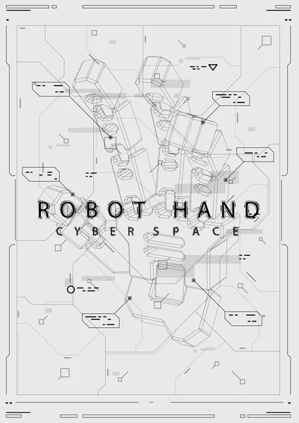 Manifesto astratto futuristico con mano robot. Illustrazione concettuale con elementi HUD . — Vettoriale Stock