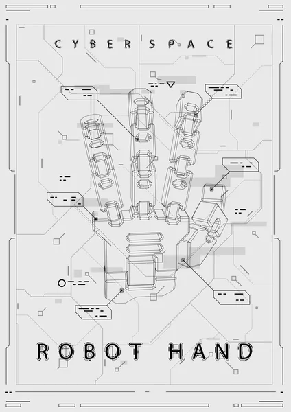 Αφηρημένη φουτουριστική αφίσα με ρομποτικό χέρι. Απεικόνιση ιδέας με στοιχεία του Χαντ. — Διανυσματικό Αρχείο