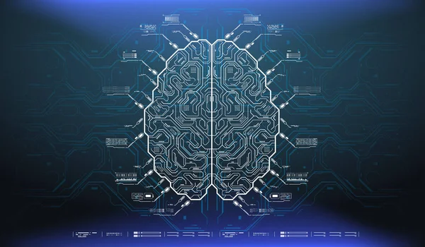 具有未来主义 hud 元素的人工智能大脑的未来主义设计。抽象发光五颜六色的数字大脑与电路背景。艾和技术理念. — 图库矢量图片