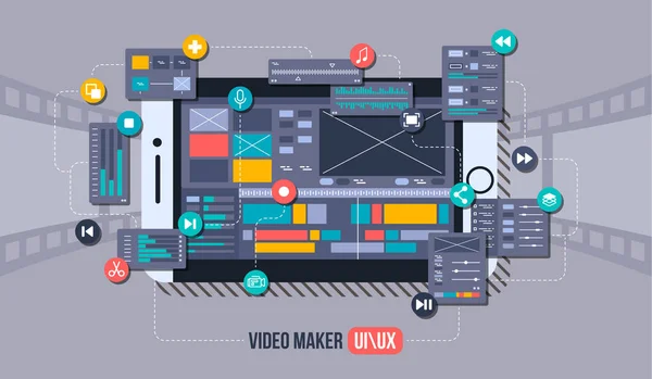 モバイル ビデオ エディター フラット ベクトル概念。モーション デザイン スタジオ、ビデオ編集アプリケーション、オンライン ビデオを作成します。概念図. — ストックベクタ