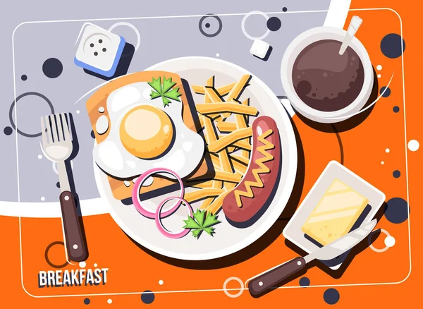 Vektor snídaně koncept s jídlem a pitím. Snídaně a brunche horní pohled rám. Design nabídky potravin. Tradiční ranní jídlo. — Stockový vektor