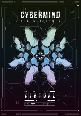 Cyberpunk fütüristik poster. Retro futuristik poster şablonu. Teknik soyut poster şablonu. Web ve baskı için modern el ilanı. kesmek, siber kültür, programlama ve sanal ortamlar.
