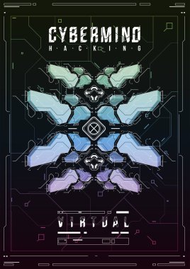 Cyberpunk fütüristik poster. Retro futuristik poster şablonu. Teknik soyut poster şablonu. Web ve baskı için modern el ilanı. kesmek, siber kültür, programlama ve sanal ortamlar.