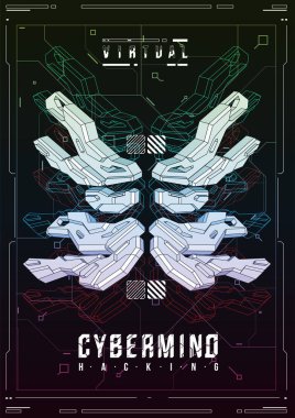 Cyberpunk fütüristik poster. Retro futuristik poster şablonu. Teknik soyut poster şablonu. Web ve baskı için modern el ilanı. kesmek, siber kültür, programlama ve sanal ortamlar.