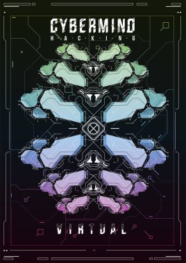 Cyberpunk fütüristik poster. Retro futuristik poster şablonu. Teknik soyut poster şablonu. Web ve baskı için modern el ilanı. kesmek, siber kültür, programlama ve sanal ortamlar.