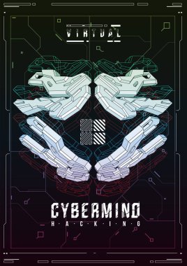 Cyberpunk fütüristik poster. Retro futuristik poster şablonu. Teknik soyut poster şablonu. Web ve baskı için modern el ilanı. kesmek, siber kültür, programlama ve sanal ortamlar.
