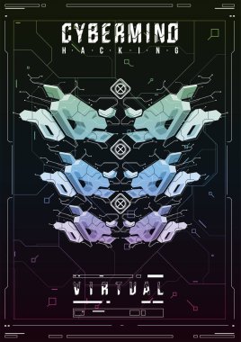 Cyberpunk fütüristik poster. Retro futuristik poster şablonu. Teknik soyut poster şablonu. Web ve baskı için modern el ilanı. kesmek, siber kültür, programlama ve sanal ortamlar.