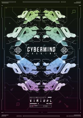 Cyberpunk fütüristik poster. Retro futuristik poster şablonu. Teknik soyut poster şablonu. Web ve baskı için modern el ilanı. kesmek, siber kültür, programlama ve sanal ortamlar.