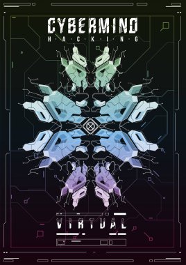Cyberpunk fütüristik poster. Retro futuristik poster şablonu. Teknik soyut poster şablonu. Web ve baskı için modern el ilanı. kesmek, siber kültür, programlama ve sanal ortamlar.