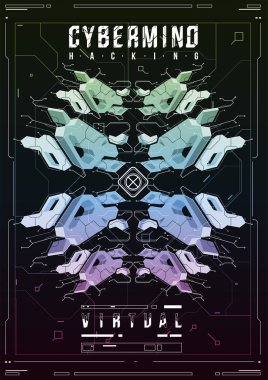 Cyberpunk fütüristik poster. Retro futuristik poster şablonu. Teknik soyut poster şablonu. Web ve baskı için modern el ilanı. kesmek, siber kültür, programlama ve sanal ortamlar.