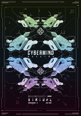 Cyberpunk fütüristik poster. Retro futuristik poster şablonu. Teknik soyut poster şablonu. Web ve baskı için modern el ilanı. kesmek, siber kültür, programlama ve sanal ortamlar.