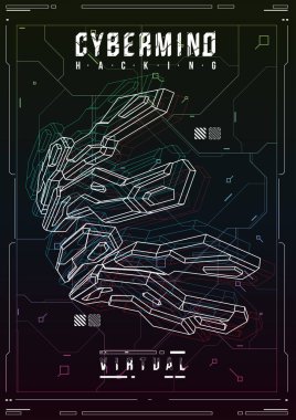 Cyberpunk fütüristik poster. Retro futuristik poster şablonu. Teknik soyut poster şablonu. Web ve baskı için modern el ilanı. kesmek, siber kültür, programlama ve sanal ortamlar.