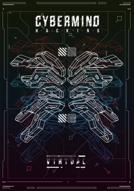 Cyberpunk fütüristik poster. Retro futuristik poster şablonu. Teknik soyut poster şablonu. Web ve baskı için modern el ilanı. kesmek, siber kültür, programlama ve sanal ortamlar.