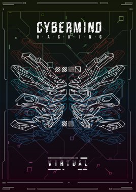 Cyberpunk fütüristik poster. Retro futuristik poster şablonu. Teknik soyut poster şablonu. Web ve baskı için modern el ilanı. kesmek, siber kültür, programlama ve sanal ortamlar.