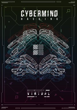 Cyberpunk fütüristik poster. Retro futuristik poster şablonu. Teknik soyut poster şablonu. Web ve baskı için modern el ilanı. kesmek, siber kültür, programlama ve sanal ortamlar.