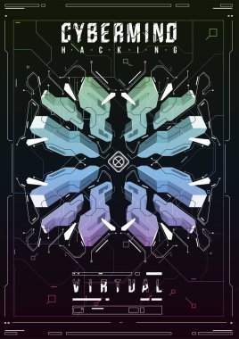 Cyberpunk fütüristik poster. Retro futuristik poster şablonu. Teknik soyut poster şablonu. Web ve baskı için modern el ilanı. kesmek, siber kültür, programlama ve sanal ortamlar.