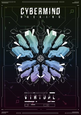 Cyberpunk fütüristik poster. Retro futuristik poster şablonu. Teknik soyut poster şablonu. Web ve baskı için modern el ilanı. kesmek, siber kültür, programlama ve sanal ortamlar.