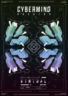 Cyberpunk fütüristik poster. Retro futuristik poster şablonu. Teknik soyut poster şablonu. Web ve baskı için modern el ilanı. kesmek, siber kültür, programlama ve sanal ortamlar.