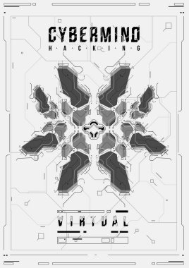 Cyberpunk fütüristik poster. Retro futuristik poster şablonu. Teknik soyut poster şablonu. Web ve baskı için modern el ilanı. kesmek, siber kültür, programlama ve sanal ortamlar.