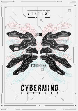 Cyberpunk fütüristik poster. Retro futuristik poster şablonu. Teknik soyut poster şablonu. Web ve baskı için modern el ilanı. kesmek, siber kültür, programlama ve sanal ortamlar.