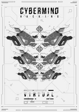 Cyberpunk fütüristik poster. Retro futuristik poster şablonu. Teknik soyut poster şablonu. Web ve baskı için modern el ilanı. kesmek, siber kültür, programlama ve sanal ortamlar.
