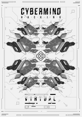 Cyberpunk fütüristik poster. Retro futuristik poster şablonu. Teknik soyut poster şablonu. Web ve baskı için modern el ilanı. kesmek, siber kültür, programlama ve sanal ortamlar.