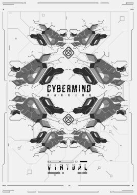 Cyberpunk fütüristik poster. Retro futuristik poster şablonu. Teknik soyut poster şablonu. Web ve baskı için modern el ilanı. kesmek, siber kültür, programlama ve sanal ortamlar.